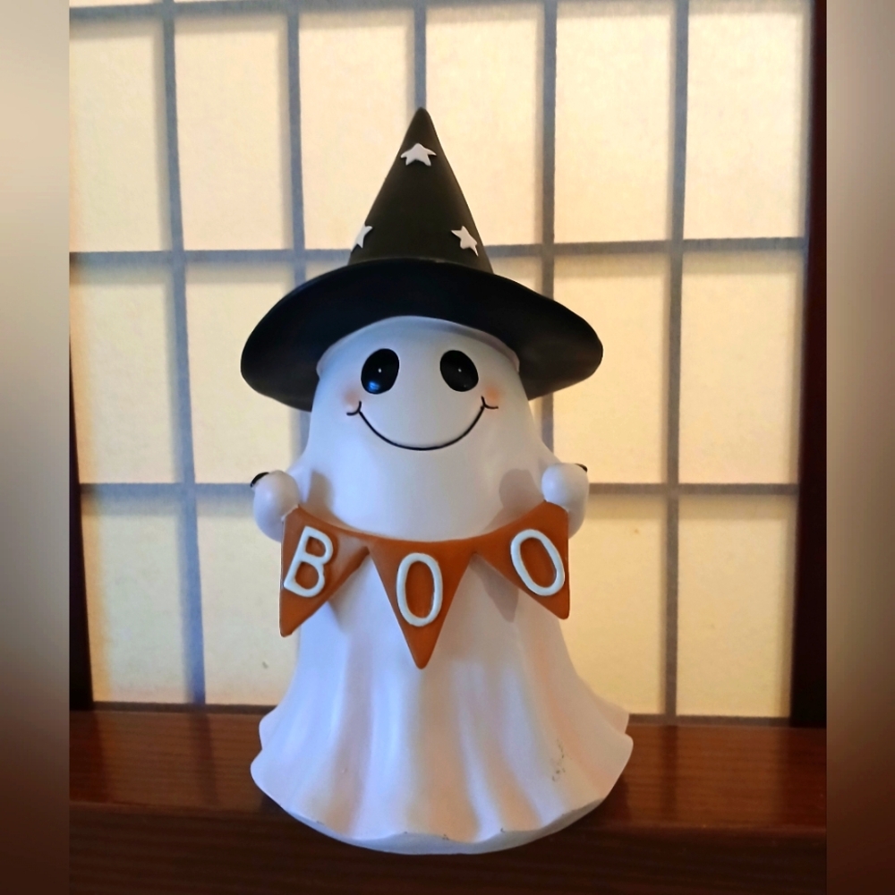 T.J.Maxx White Ghost Figurine with Black Hat and Orange Banner